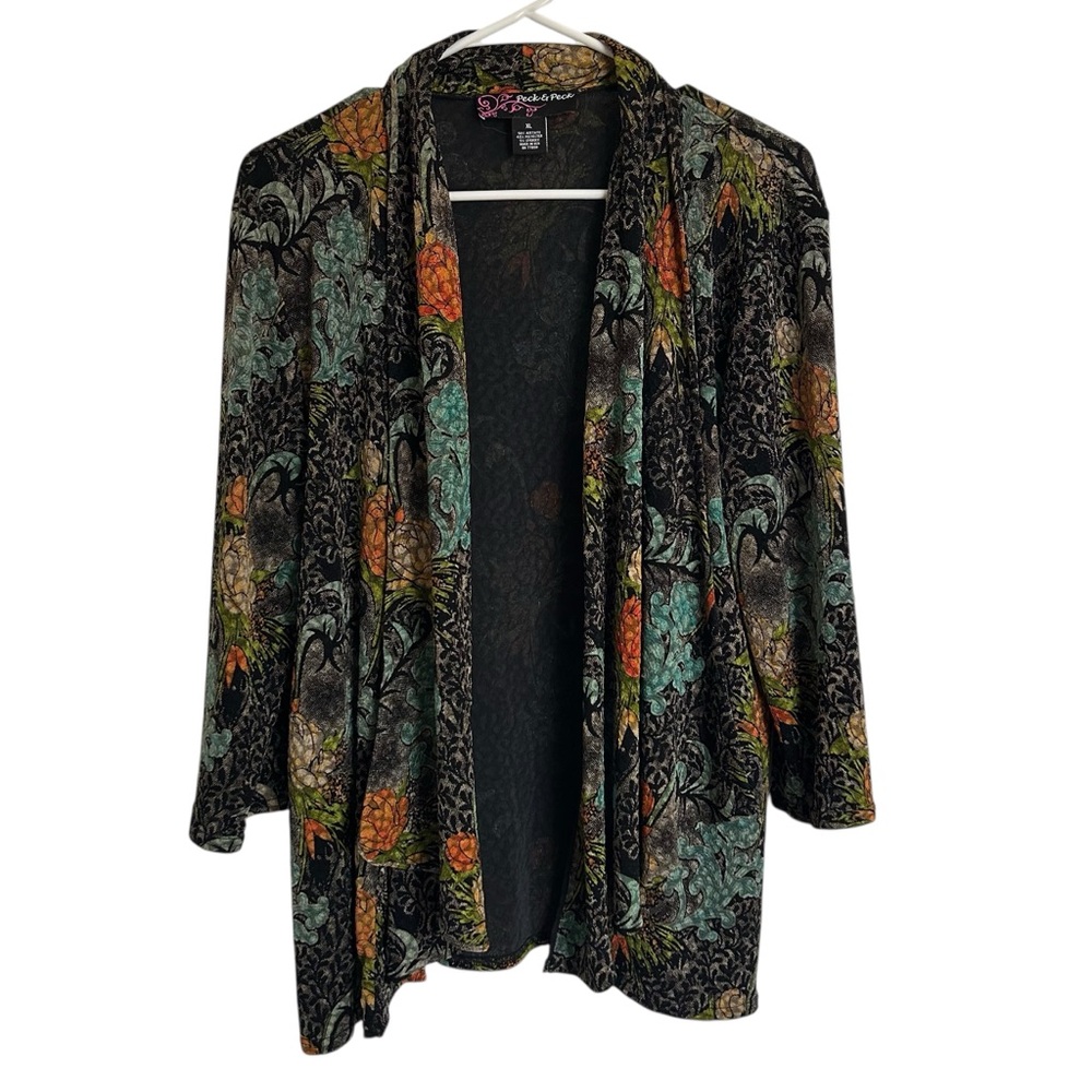 Peck & Peck women's open-front cardigan with an all-over floral and pineapple XL